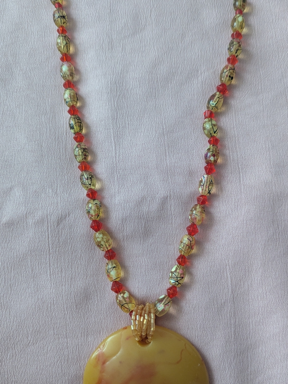 Handcrafted Yellow and Red Beaded Pendant Necklace